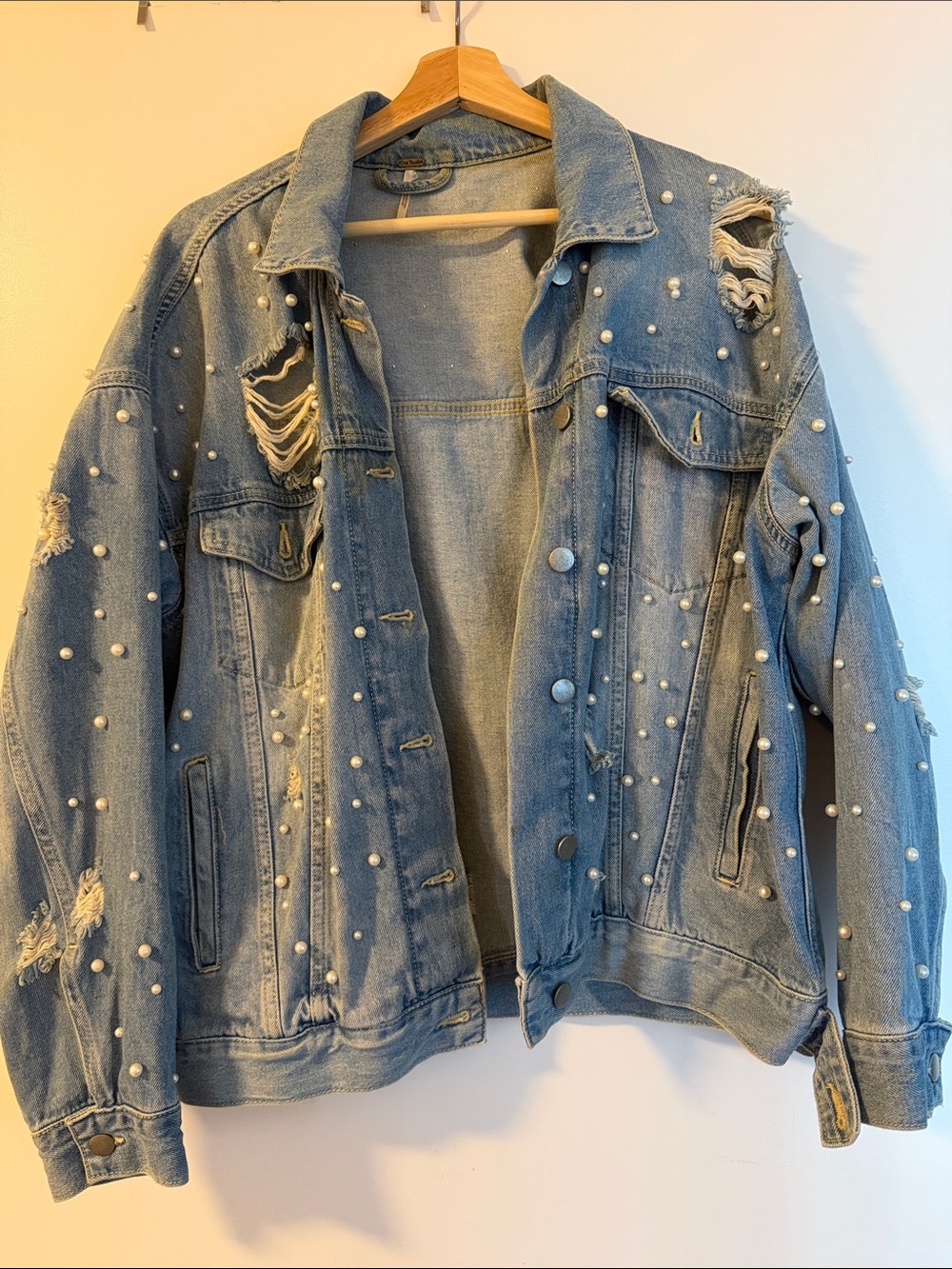 Free People Light Blue Pearl-Embellished Distressed Denim Jacket